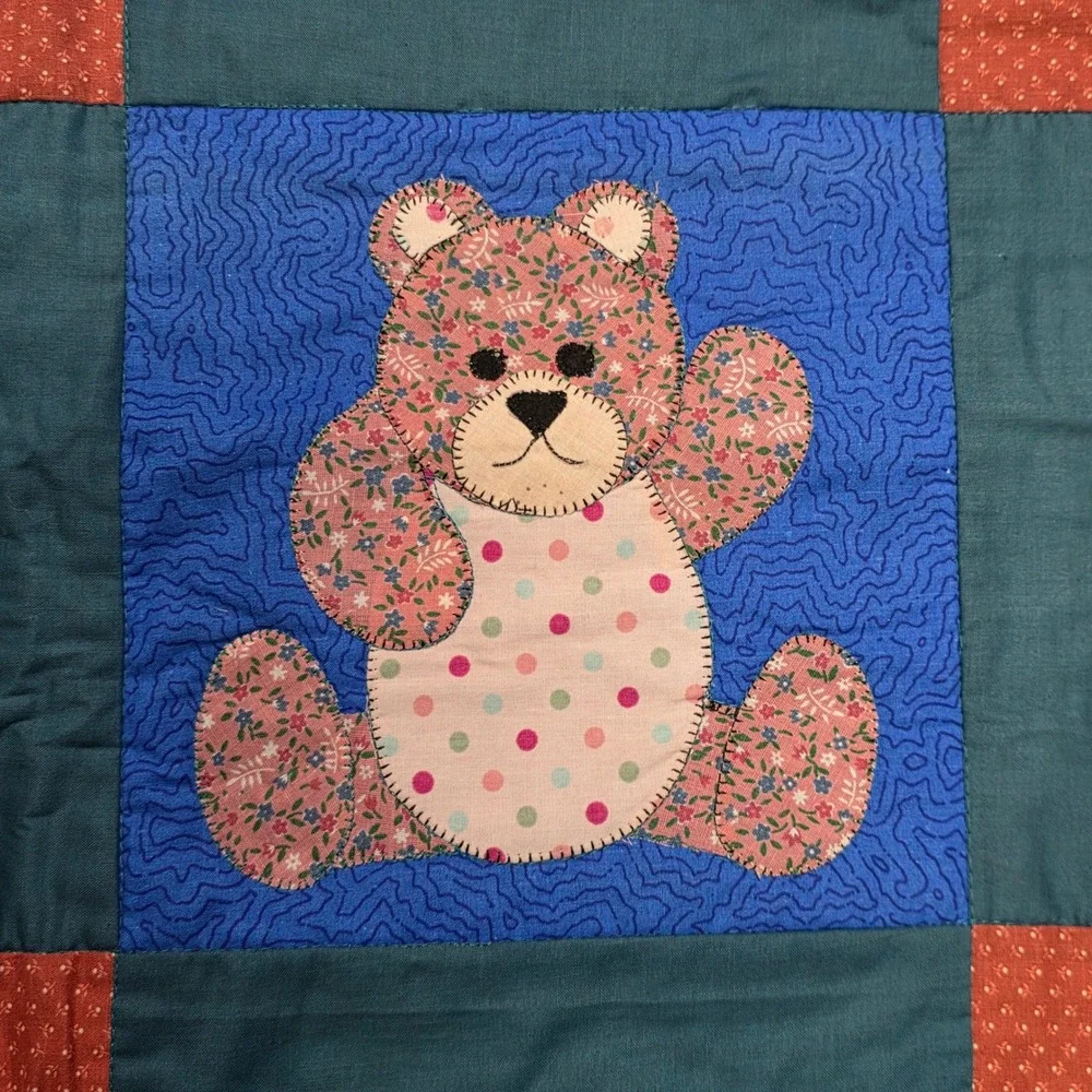 Handmade Teddy Bear Patchwork Quilt Wall Hanging Blue Teal Red Brown‎ Nursery